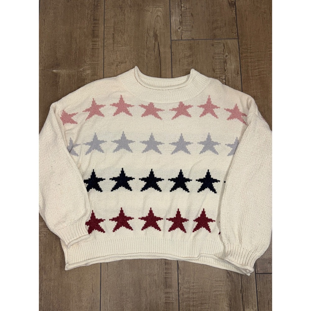 POL Cream Star Knit Sweater Women's Cozy Long Sleeve Mock Neck Top‎